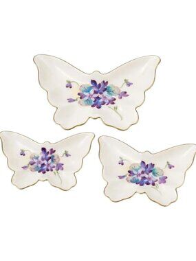 Vintage Butterfly Trinket Dishes Set of 3 Gold Trim Floral Porcelain